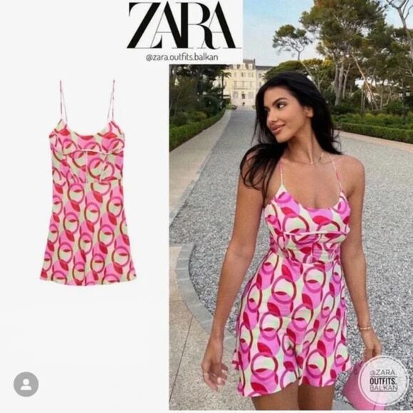 Zara Retro Print Satin Mini Slip Dress Pink Green Multicolor Medium Corset NEW - Picture 9 of 9